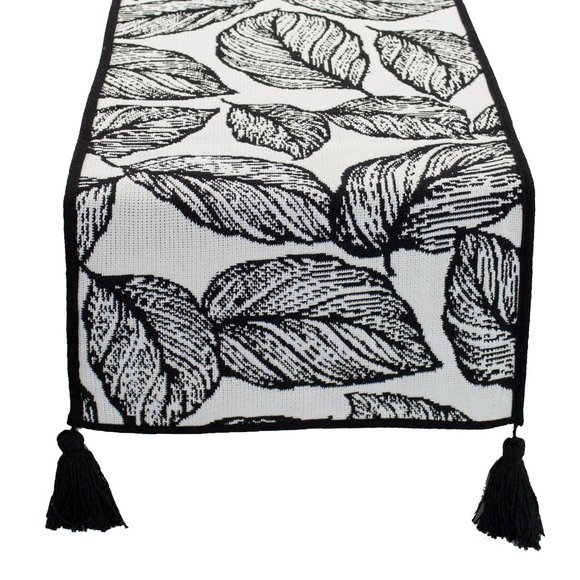 Black & White 14"x71" Leaf Design Table Runner with Tassels - Picture 1 of 5